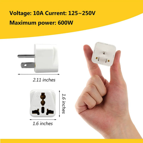 4 Pack Universal Travel Plug Adapters Europe To United States White Safe Copper Conductor ABS Flame Resistant 10A 125 To 250 Volt Capacity 600W Essential Gear For Jet Setters And Global Gadget Charging On The Go shown with dimensions and hand size reference
