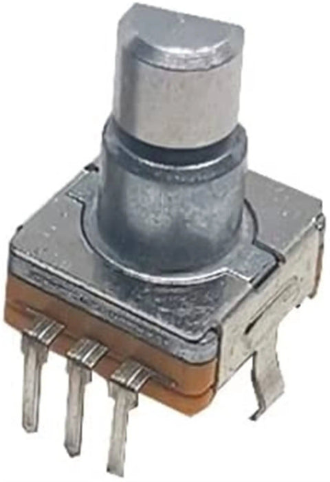 Close-up of an EC11 Encoder Rotary Switch with 11mm shaft and 5-pin DIP, showing build and design for DIY electronics and Arduino projects.
