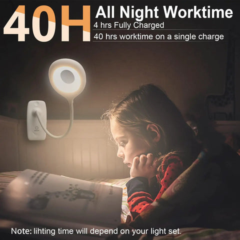 Clip On LED Desk Lamp With Battery Power Cordless Bedside Light illuminating a child reading at night