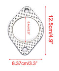 Metallic exhaust flange gasket with two-bolt pattern and 2.5-inch inner bore, perforated outer plate
