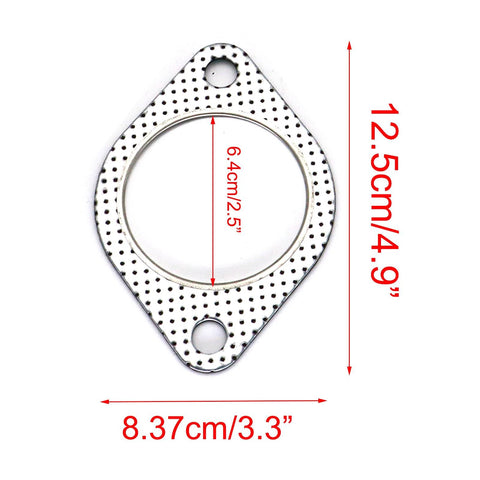 Metallic exhaust flange gasket with two-bolt pattern and 2.5-inch inner bore, perforated outer plate