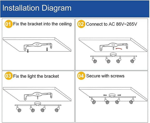 Installation diagram for Sleek Modern LED 4-Light Track Lighting Kit With Flush Mount For Wall Or Ceiling, Adjustable Spotlights.