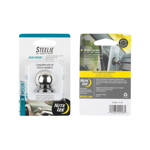Front and back packaging of Steelie Magnetic Dash Mount Ball For Phone Mounting System Extra Car Dash Mount Accessory No Fuss Flexible Dashboard Phone Holder Compatible With Steelie Squeeze Clamp Ideal For Hands Free Driving And Easy Mounting.