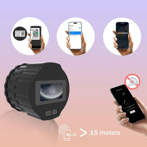 64GB Digital Eyepiece Telescope Camera With 2K Video And WiFi, showing connectivity features and mobile interface.
