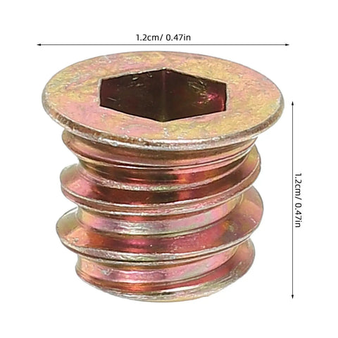 M6x10mm Countersunk Flange Wood Nut Insert for Cabinets and Desks, carbon steel, close-up with size dimensions, no fuss install