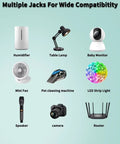 Multiple household devices shown: humidifier, lamp, baby monitor, mini fan, pet cleaner, speaker, camera, router for versatile power use.