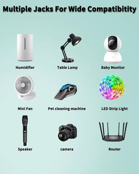 Multiple household devices shown: humidifier, lamp, baby monitor, mini fan, pet cleaner, speaker, camera, router for versatile power use.