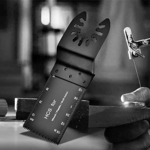 Bi-Metal Oscillating Saw Blades Set, 32mm Universal Fit for wood, plastic, soft metals shown with depth markers for precise cuts