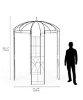 Illustration of a 7 Ft Garden Arch With Gate, Classic Black Finish, Tough Iron Arbor alongside person for size comparison, 270cm tall