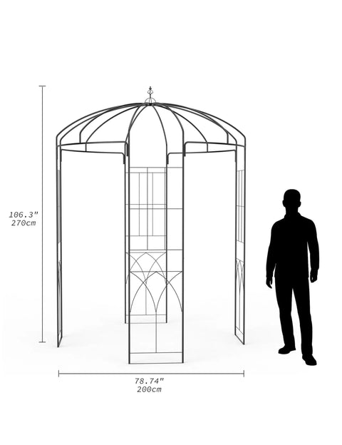 Illustration of a 7 Ft Garden Arch With Gate, Classic Black Finish, Tough Iron Arbor alongside person for size comparison, 270cm tall