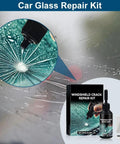Close-up of Cracks Gone Glass Repair Kit for windshields, showcasing nano solution tool on cracked glass, bottle side view.