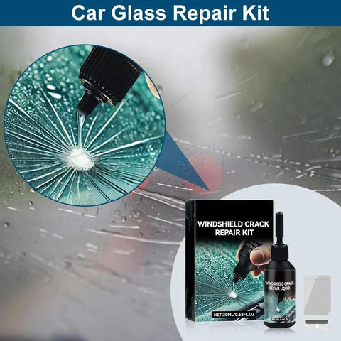 Close-up of Cracks Gone Glass Repair Kit for windshields, showcasing nano solution tool on cracked glass, bottle side view.