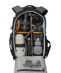 Open ProTactic BP 350 AW III 17L Camera Backpack For Photographers With All Weather Cover showing organized camera gear.