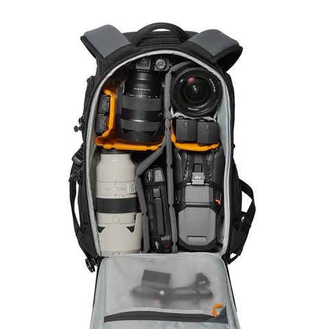 Open ProTactic BP 350 AW III 17L Camera Backpack For Photographers With All Weather Cover showing organized camera gear.