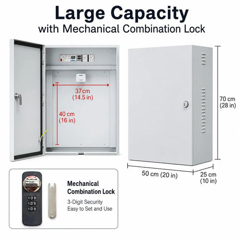 Tough As Nails Outdoor EV Charger Enclosure With Hella Secure Locking Steel Cabinet for wall mount cables, large capacity, 70 cm tall.