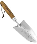 Garden Trowel With Serrated Edge And Four Inch Depth Marks, Stainless Steel Blade With Comfortable Wood Handle, V Shaped Sharp Edge
