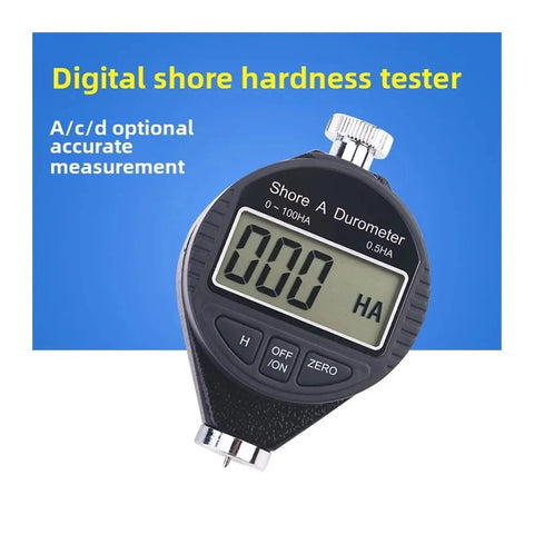 Dead Reliable Digital Durometer And Rubber Hardness Tester With Shore A C D Pointer Dial on blue background showing measurement display.