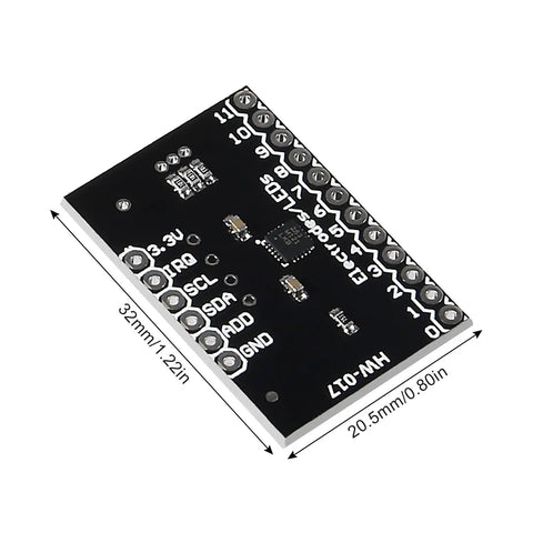 Close-up of Eight Pack MPR121 Capacitive Touch Sensor Breakout Board with I2C Interface, dimensions labelled, black surface