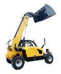 Top Quality Heavy Duty Rugged Outdoor Telescopic Forklift With Long Extendable Boom Four Wheel Drive Telehandler side view with raised bucket.