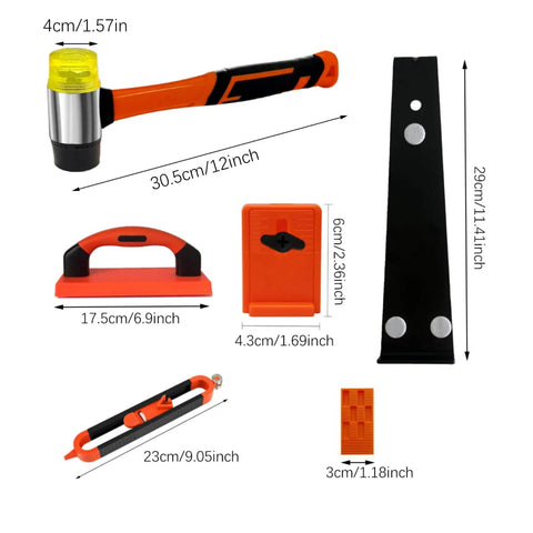 Laminate Wood Flooring Installation Kit with tapping block, pull bar, rubber mallet, set of floor spacers, and contour scribe tool.