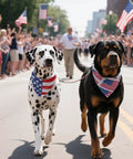 Dogs wearing Dual-Layer Patriotic Dog Bandana Set 2Pack Reversible Red White Blue Triangle Style For Big Pups at a parade.
