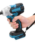 Heavy Duty Cordless Brushless Impact Wrench With 520 Nm Torque And Tungsten Steel Shaft being held in hand, ergonomic grip, ideal for construction and repair.