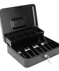 Beefy Locking Cash Box With Money Tray For Cash Registers, Metal Safe Box With Coin Tray And Bill Slots, Black 11.8 By 9.4 By 3.54 Inches