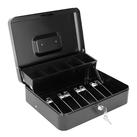 Beefy Locking Cash Box With Money Tray For Cash Registers, Metal Safe Box With Coin Tray And Bill Slots, Black 11.8 By 9.4 By 3.54 Inches