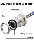 Detailed view of M12 4 Pin A Coded Male Aviation Connector Cable 0.7 Ft Waterproof Industrial Bulkhead Panel with labeled parts.