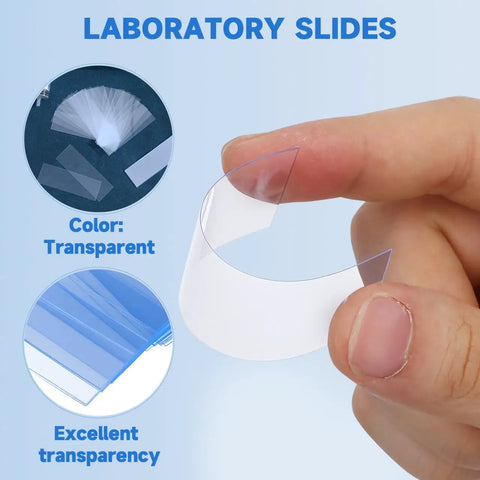 Clear Disposable Plastic Microscope Slides For Lab Samples And Classroom Science Wet Mount Practice 75 X 25 Mm Hands On Viewing Set For Easy Specimen Experiments In Education And Research. transparent slide held by hand
