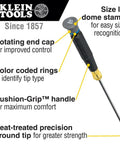 Infographic showing Mini Precision Slotted Screwdriver One Eighth Inch with Cushion Grip Handle, Rotating Cap, and Color Coded Ring by Klein Tools.
