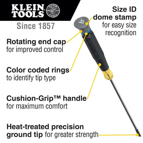 Infographic showing Mini Precision Slotted Screwdriver One Eighth Inch with Cushion Grip Handle, Rotating Cap, and Color Coded Ring by Klein Tools.