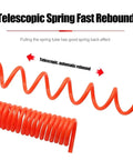 Premium Extra Heavy Duty PU Compressor Hose With A Snappy Flexible Spring Like Fit For Pneumatic Tools, Orange 12X8MM 33Foot Pro Garage Ready Air Tubing Setup displaying elastic orange spring hose.