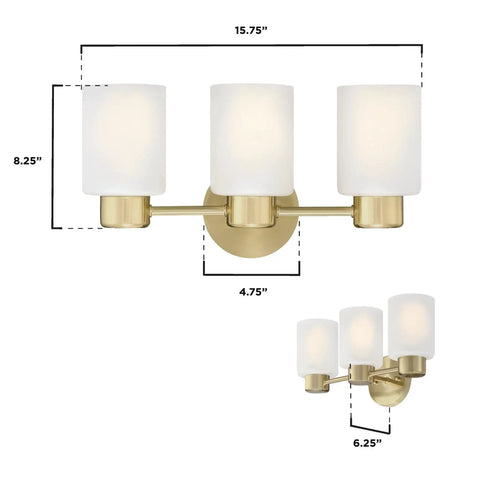 Three Light Wall Fixture In Champagne Brass Finish With Frosted Glass For Vanity Or Bath Mounts Up Or Down Transitional Modern Sconce Perfect Over Sink Adds Subtle Glam To Your Powder Room with dimensions.