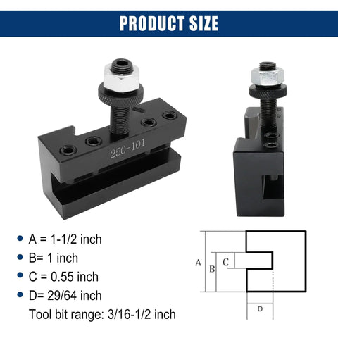 Product dimensions of Four Piece Quick Change Tool Post 250-101 Turning Holder For Lathe, detailed diagram and specifications shown.