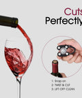 Hand holding 2 Pack Magnetic Wine Foil Cutter With 4 Stainless Blades, demonstrating use on wine bottle.
