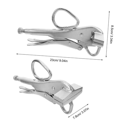 Beefy Heavy Duty Locking Sheet Metal Pliers with wide duckbill jaw, ergonomic manual welder clamp, and dimensions for auto bodywork.
