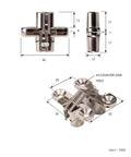 Hidden Folding Door Hinge With Nickel Plated Zinc Alloy Finish, Invisible Style Connector For Interior Doors, dimensions shown.