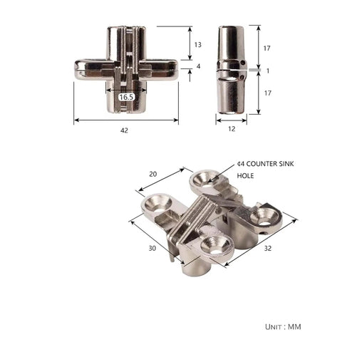 Hidden Folding Door Hinge With Nickel Plated Zinc Alloy Finish, Invisible Style Connector For Interior Doors, dimensions shown.