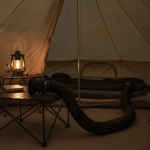 Heavy Duty Flexible Air Duct Vent Hose With Integrated Grille Cover in a canvas tent, black corrugated hose for camper cooling airflow