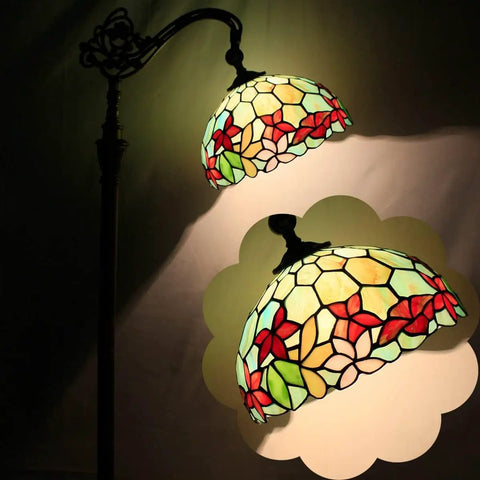 Tiffany Style Floor Lamp With Dope Stained Glass Shade In Red And Green Floral Arched Gooseneck Reading Light