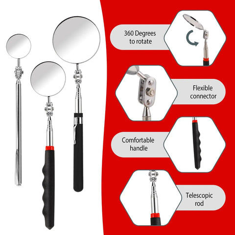 Three Pack Telescoping Inspection Mirror Extendable Mechanic Mirror With 360 Degree Rotatable Head Stainless Steel Round Inspection Tool
