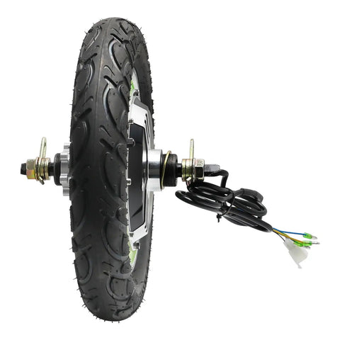 12 Inch 36V 500W Brushless Hub Motor Rear Wheel with heavy duty disc brake mounts and M14 axle for electric bikes and scooters.