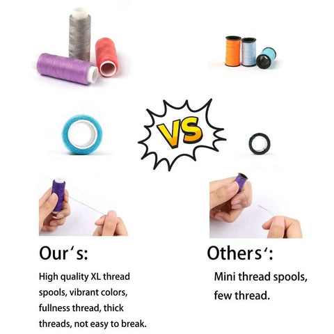 Comparison of Ultimate Sewing Kit With 200 Premium Supplies And 41 XL Thread Spools versus mini spools, showing thread quality.