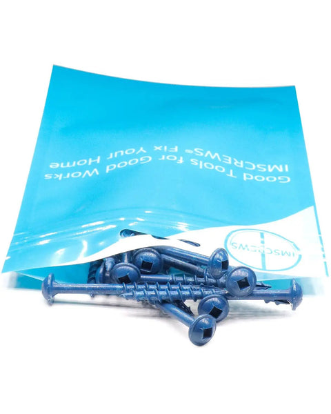 Built Tough 2 Inch Wood Screws With Washer Head Square Drive Coarse Thread Blue Coated Rust Resistant Finish 100 Pack For Indoor And Outdoor DIY Projects, shown with packaging.