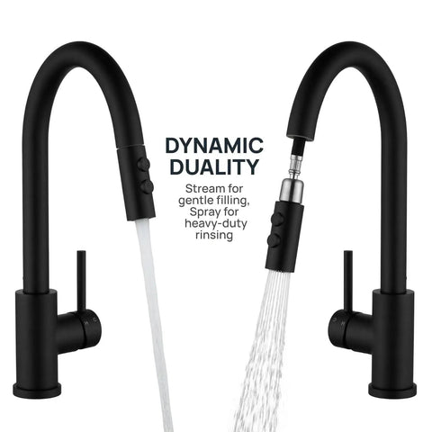 Black Kitchen Faucet With Pull Down Sprayer And Single Handle Pullout Design, dual water flow demonstrating gentle stream and heavy-duty spray.