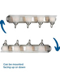 Image showing Alabaster Glass Four Light Bath Vanity Bar Fixture In Nickel Finish 30 Inch Wide Seven And A Quarter Inch High mounted up and down.