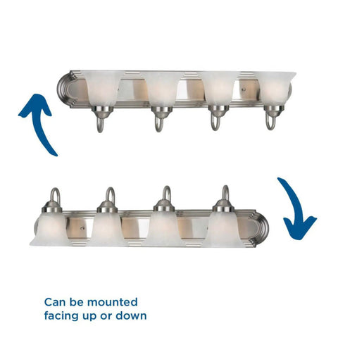 Image showing Alabaster Glass Four Light Bath Vanity Bar Fixture In Nickel Finish 30 Inch Wide Seven And A Quarter Inch High mounted up and down.