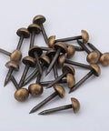 20-Piece Pack Antique Brass Upholstery Tacks for DIY projects, rustic bronze decorative nail pins with threaded steel bodies.