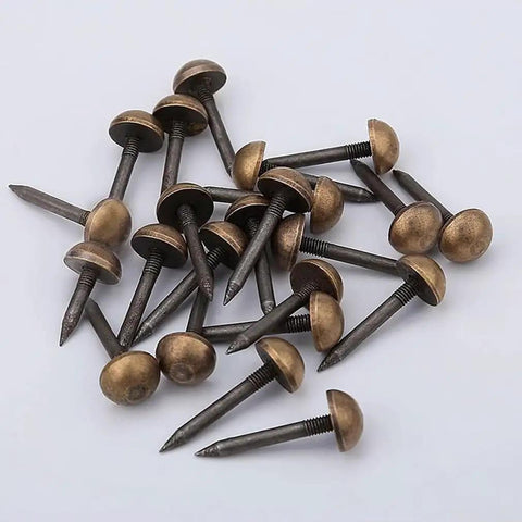 20-Piece Pack Antique Brass Upholstery Tacks for DIY projects, rustic bronze decorative nail pins with threaded steel bodies.